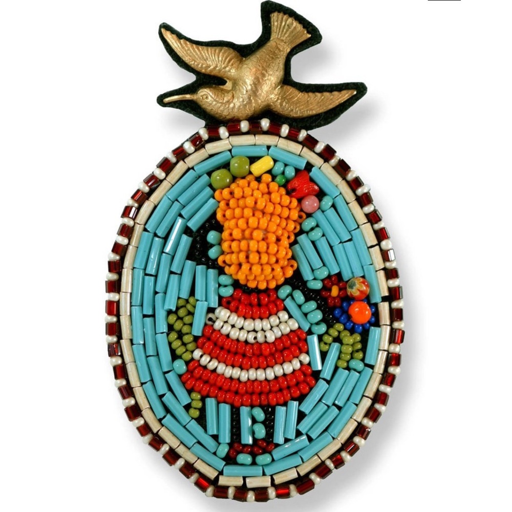 Beadwork Cameo Brooch. Handmade with seed beads and a vintage brass bird.